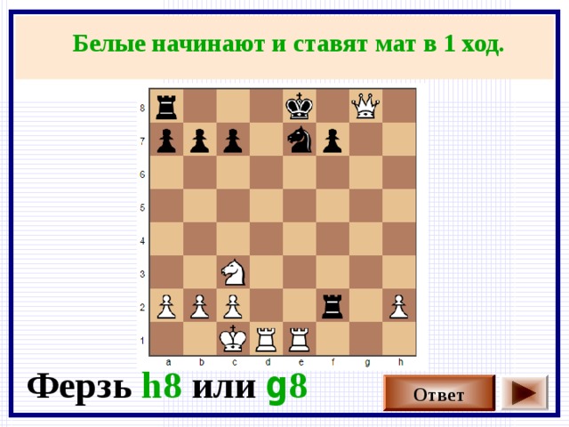 Белые начинают и ставят мат в 1 ход. Ферзь  h8 или  g 8  Ответ  