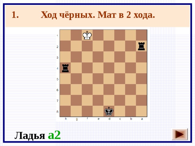 Ход чёрных. Мат в 2 хода.  1. Ладья a2 