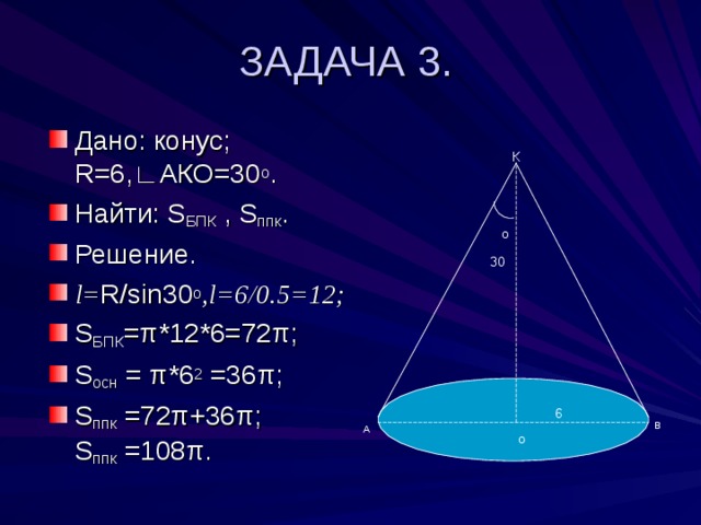 ЗАДАЧА 3. Дано: конус; R=6,∟ АКО=30 о . Найти: S БПК  , S ппк . Решение. l = R / sin 30 о ,l=6 / 0.5= 12 ; S БПК = π * 12 *6= 72 π ; S осн = π *6 2 =36 π ; S ппк = 72 π +36 π ;  S ппк = 108 π . К  о 30 6 В А О 