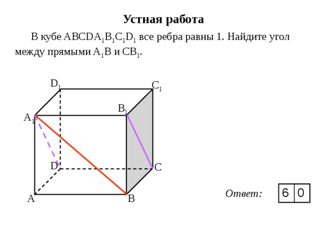 Устная работа В кубе ABCDA 1 B 1 C 1 D 1 все ребра равны 1. Найдите угол между прямыми A 1 В и СВ 1 . D 1 C 1 B 1 A 1 D C 6 0 Ответ: B A A 