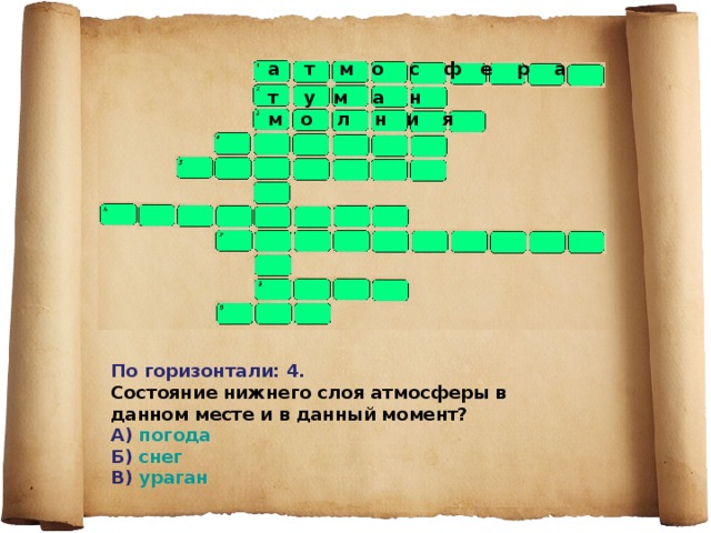 а т м о с ф е р а  т у м а н м о л н и я По горизонтали: 4. Состояние нижнего слоя атмосферы в данном месте и в данный момент? А) погода Б) снег В) ураган