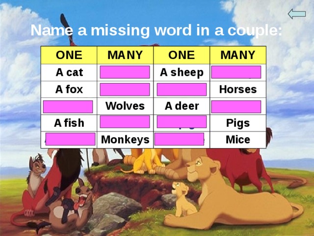 Name a missing word in a couple: ONE A cat MANY ONE Cats A fox A wolf MANY A sheep Foxes Wolves A fish A horse Sheep Horses A monkey A deer Fish A pig Monkeys Deer Pigs A mouse Mice 