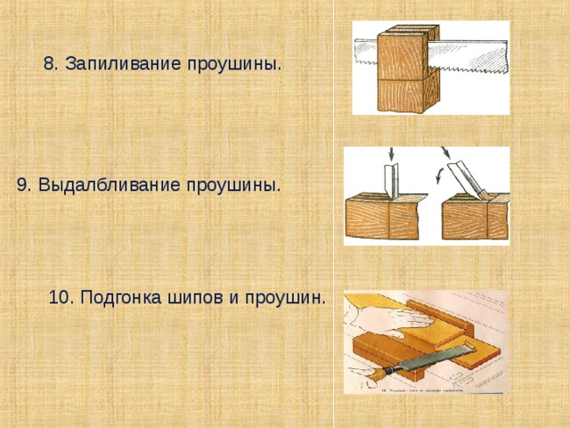 8. Запиливание проушины. 9. Выдалбливание проушины. 10. Подгонка шипов и проушин. 