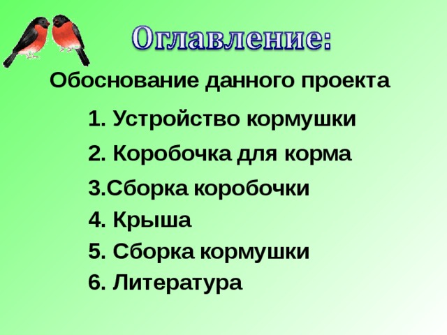 Обоснование данного проекта 1. Устройство кормушки 2. Коробочка для корма 3.Сборка коробочки  4. Крыша 5. Сборка кормушки 6. Литература 