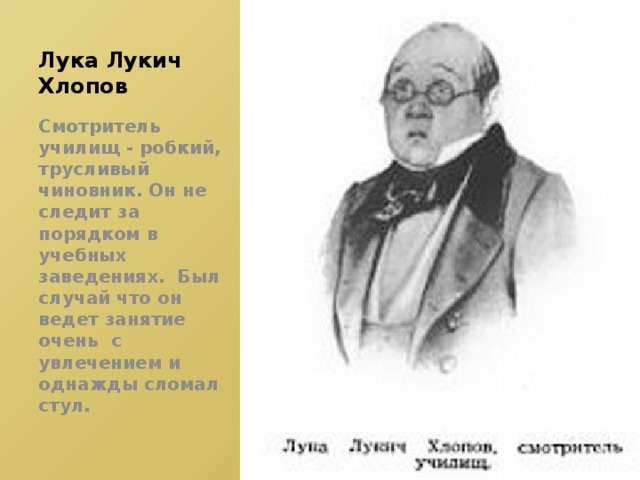 Характеристика хлопова. Лука Лукич Хлопов, смотритель училищ. Гоголь Ревизор лука Лукич. Гоголь Ревизор лука Лукич Хлопов. Лука Лукич Хлопов портрет.