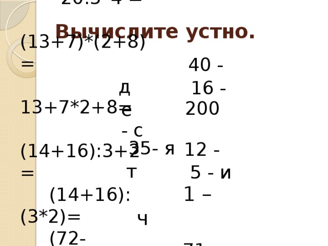  20+5*4=  20:5*4 =  (13+7)*(2+8) =  13+7*2+8=  (14+16):3+2=  (14+16):(3*2)=  (72-36):12:3=  72-36:12:3= Вычислите устно.  40 - д  16 - е  200 - с  35- я  12 - т  5 - и  1 – ч  71-н 