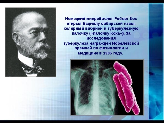 Немецкий микробиолог Роберт Кох открыл бациллу сибирской язвы, холерный вибрион и туберкулёзную палочку («палочку Коха»). За исследования туберкулёза награждён Нобелевской премией по физиологии и медицине в 1905 году. 
