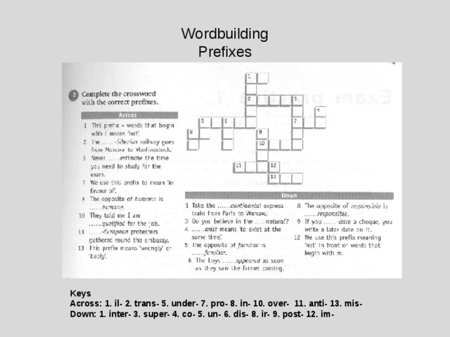 Wordbuilding  Prefixes Keys Across: 1. il- 2. trans- 5. under- 7. pro- 8. in- 10. over- 11. anti- 13. mis- Down: 1. inter- 3. super- 4. co- 5. un- 6. dis- 8. ir- 9. post- 12. im- 