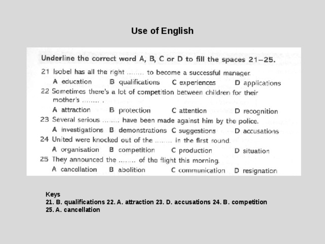 Use of English Keys 21. B. qualifications 22. A. attraction 23. D. accusations 24. B. competition 25. A. cancellation 