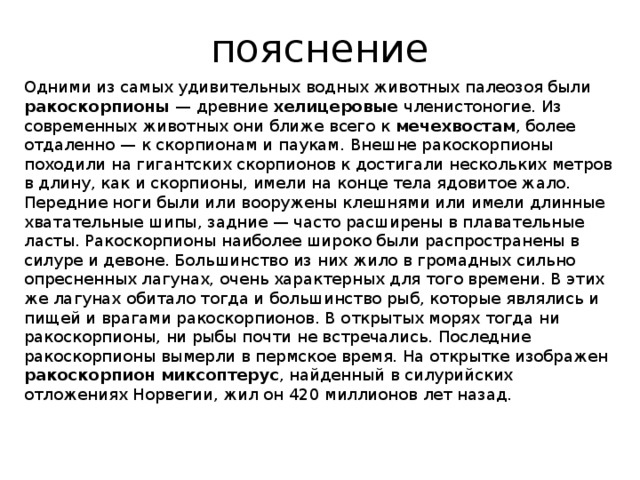 пояснение Одними из самых удивительных водных животных палеозоя были ракоскорпионы — древние хелицеровые членистоногие. Из современных животных они ближе всего к мечехвостам , более отдаленно — к скорпионам и паукам. Внешне ракоскорпионы походили на гигантских скорпионов к достигали нескольких метров в длину, как и скорпионы, имели на конце тела ядовитое жало. Передние ноги были или вооружены клешнями или имели длинные хватательные шипы, задние — часто расширены в плавательные ласты. Ракоскорпионы наиболее широко были распространены в силуре и девоне. Большинство из них жило в громадных сильно опресненных лагунах, очень характерных для того времени. В этих же лагунах обитало тогда и большинство рыб, которые являлись и пищей и врагами ракоскорпионов. В открытых морях тогда ни ракоскорпионы, ни рыбы почти не встречались. Последние ракоскорпионы вымерли в пермское время. На открытке изображен ракоскорпион миксоптерус , найденный в силурийских отложениях Норвегии, жил он 420 миллионов лет назад. 