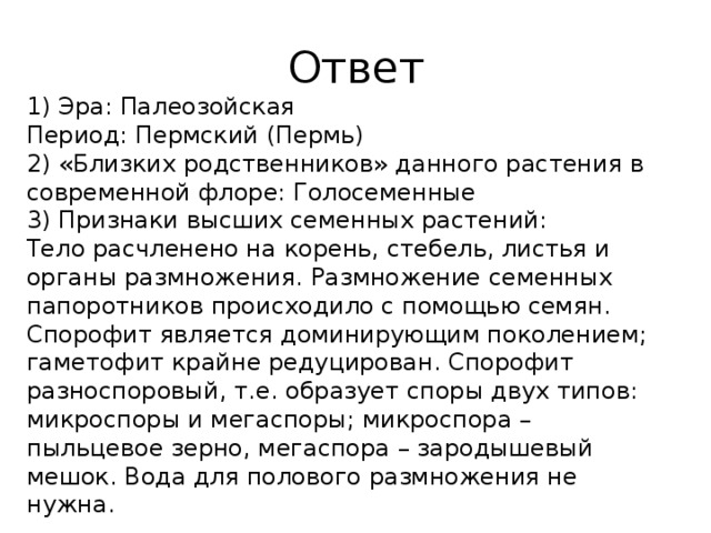 Ответ 1) Эра: Палеозойская Период: Пермский (Пермь) 2) «Близких родственников» данного растения в современной флоре: Голосеменные 3) Признаки высших семенных растений: Тело расчленено на корень, стебель, листья и органы размножения. Размножение семенных папоротников происходило с помощью семян. Спорофит является доминирующим поколением; гаметофит крайне редуцирован. Спорофит разноспоровый, т.е. образует споры двух типов: микроспоры и мегаспоры; микроспора – пыльцевое зерно, мегаспора – зародышевый мешок. Вода для полового размножения не нужна. 