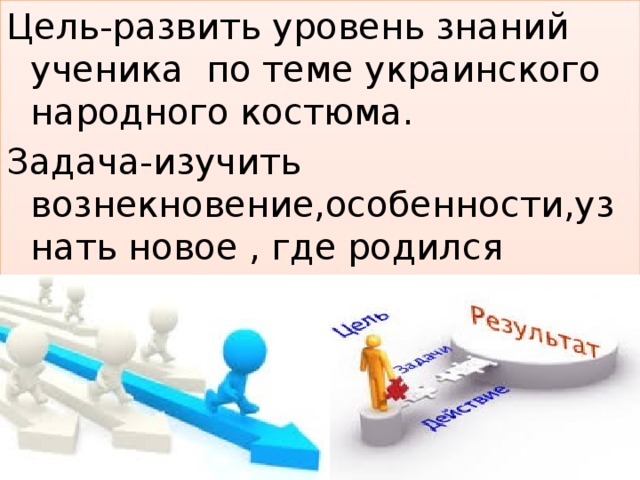 Цель-развить уровень знаний ученика по теме украинского народного костюма. Задача-изучить вознекновение,особенности,узнать новое , где родился костюм и доказать Актуальность выброной темой. 