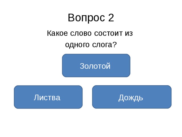 Вопрос 2 Какое слово состоит из одного слога? Золотой Дождь Листва 