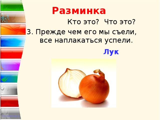 Разминка  Кто это? Что это? 3. Прежде чем его мы съели, все наплакаться успели. Лук 