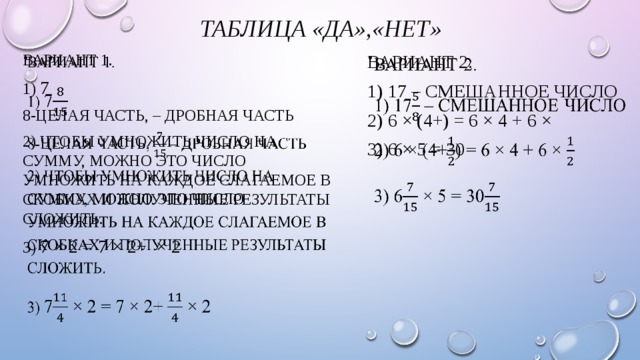 Таблица «Да»,«нет» Вариант 1.   Вариант 2.   1) 7 1) 17 – смешанное число 8-целая часть, – дробная часть 2) 6 × (4+) = 6 × 4 + 6 × 2) Чтобы умножить число на сумму, можно это число умножить на каждое слагаемое в скобках и полученные результаты сложить. 3) 6 × 5 = 30 3) 7 × 2 = 7 × 2+ × 2 