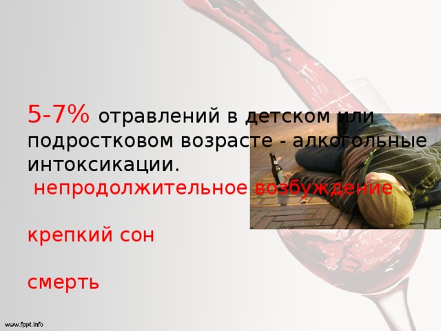 5-7% отравлений в детском или подростковом возрасте - алкогольные интоксикации.   непродолжительное возбуждение   крепкий сон   смерть    Для молодого организма, не привыкшего к спиртному, обычная для взрослого доза  может стать летальной 