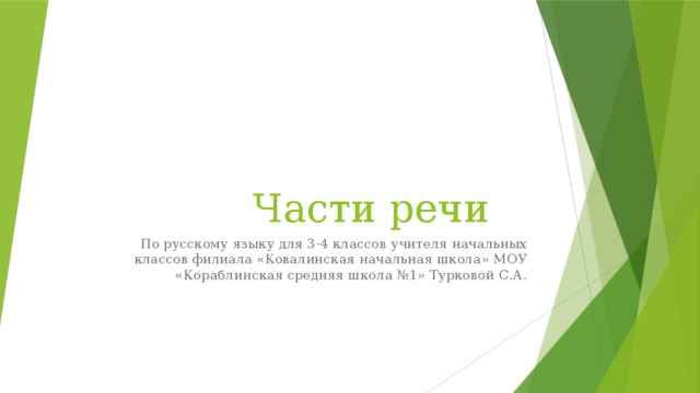 Части речи По русскому языку для 3-4 классов учителя начальных классов филиала «Ковалинская начальная школа» МОУ «Кораблинская средняя школа №1» Турковой С.А. 