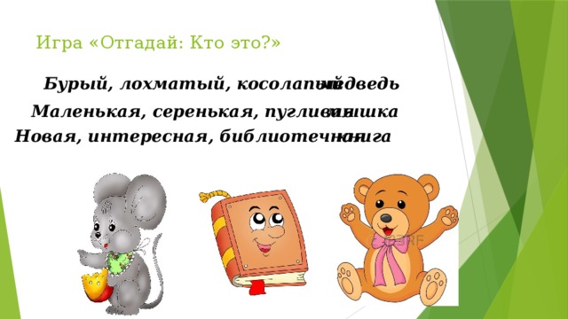 Игра «Отгадай: Кто это?» Бурый, лохматый, косолапый медведь Маленькая, серенькая, пугливая мышка Новая, интересная, библиотечная книга 