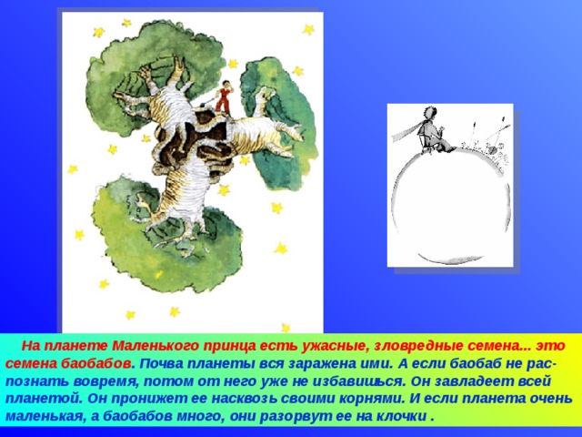 На планете Маленького принца есть ужасные, зловредные семена... это  семена баобабов . Почва планеты вся заражена ими. А если баобаб не рас-познать вовремя, потом от него уже не избавишься. Он завладеет всей планетой. Он пронижет ее насквозь своими корнями. И если планета очень маленькая, а баобабов много, они разорвут ее на клочки . 09.04.18 Агафонова Е.Е.