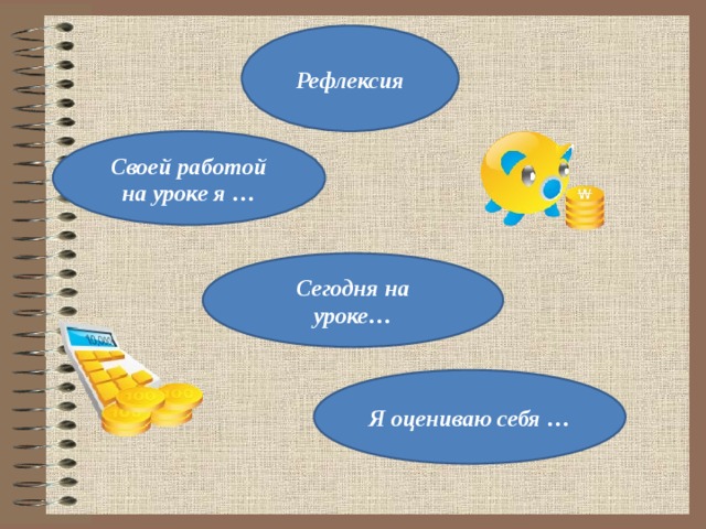 Рефлексия Своей работой на уроке я … Сегодня на уроке… Я оцениваю себя …