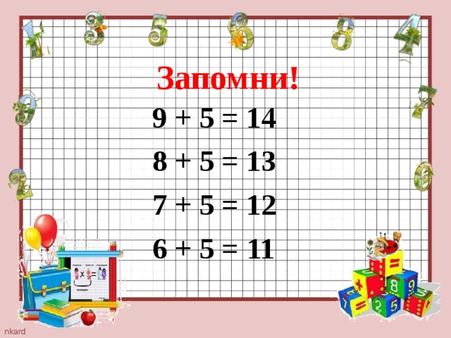  Запомни!  9 + 5 = 14 8 + 5 = 13 7 + 5 = 12 6 + 5 = 11  