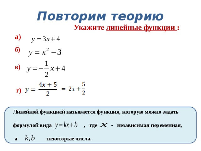 Повторим теорию Укажите линейные функции : а) б) в) г) Линейной функцией называется функция, которую можно задать  формулой вида , где - независимая переменная,   а -некоторые числа. 