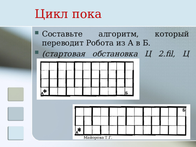 Цикл пока Составьте алгоритм, который переводит Робота из А в Б. (стартовая обстановка Ц 2.fil, Ц 3.fil) Майорова Т.Г. 