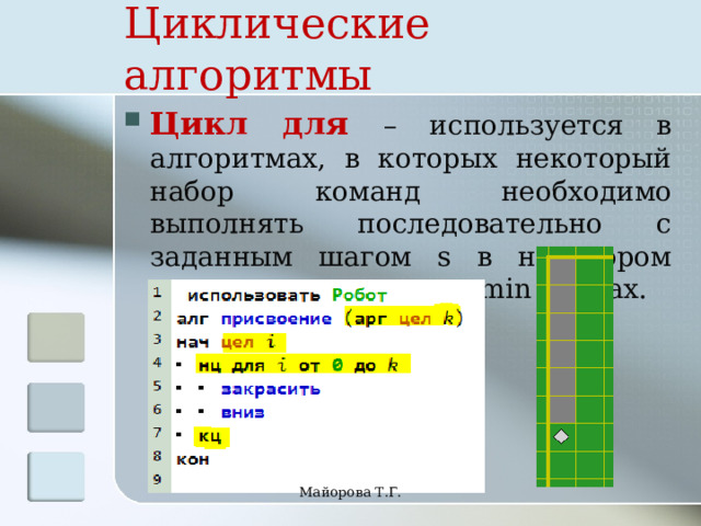 Циклические алгоритмы Цикл для – используется в алгоритмах, в которых некоторый набор команд необходимо выполнять последовательно с заданным шагом s в некотором диапазоне величин от min до max. Майорова Т.Г. 