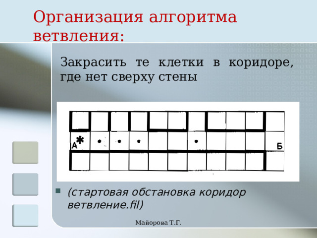 Организация алгоритма ветвления: Закрасить те клетки в коридоре, где нет сверху стены (стартовая обстановка коридор ветвление.fil) Майорова Т.Г. 