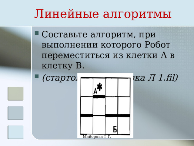 Линейные алгоритмы Составьте алгоритм, при выполнении которого Робот переместиться из клетки А в клетку В. (стартовая обстановка Л 1.fil) Майорова Т.Г. 