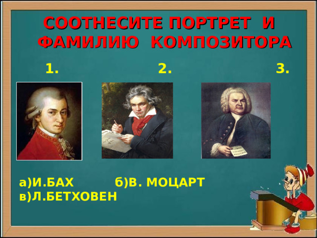  C ООТНЕСИТЕ ПОРТРЕТ И  ФАМИЛИЮ КОМПОЗИТОРА    1. 2. 3.    а)И.БАХ б)В. МОЦАРТ в)Л.БЕТХОВЕН 