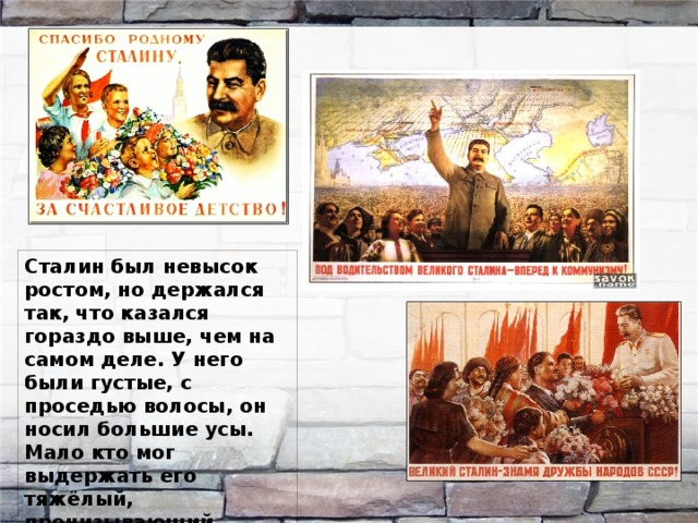 Сталин был невысок ростом, но держался так, что казался гораздо выше, чем на самом деле. У него были густые, с проседью волосы, он носил большие усы. Мало кто мог выдержать его тяжёлый, пронизывающий взгляд. 