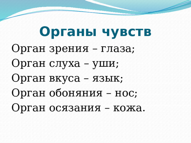 Органы чувств Орган зрения – глаза; Орган слуха – уши; Орган вкуса – язык; Орган обоняния – нос; Орган осязания – кожа. 