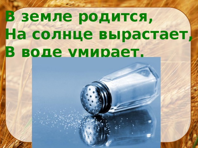 В поле родился на заводе варился на столе растворился