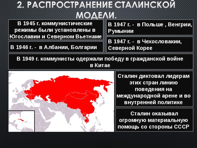 В 1945 г. коммунистические режимы были установлены в Югославии и Северном Вьетнаме В 1947 г. - в Польше , Венгрии, Румынии В 1947 г. - в Чехословакии, Северной Корее В 1946 г. - в Албании, Болгарии В 1949 г. коммунисты одержали победу в гражданской войне в Китае Сталин диктовал лидерам этих стран линию поведения на международной арене и во внутренней политике Сталин оказывал огромную материальную помощь со стороны СССР 