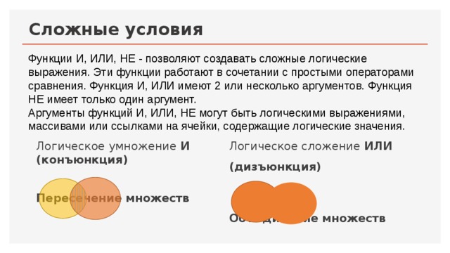  Сложные условия Функции И, ИЛИ, НЕ - позволяют создавать сложные логические выражения. Эти функции работают в сочетании с простыми операторами сравнения. Функция И, ИЛИ имеют 2 или несколько аргументов. Функция НЕ имеет только один аргумент. Аргументы функций И, ИЛИ, НЕ могут быть логическими выражениями, массивами или ссылками на ячейки, содержащие логические значения. Логическое сложение ИЛИ (дизъюнкция) Логическое умножение И (конъюнкция)  Объединение множеств  Пересечение множеств    