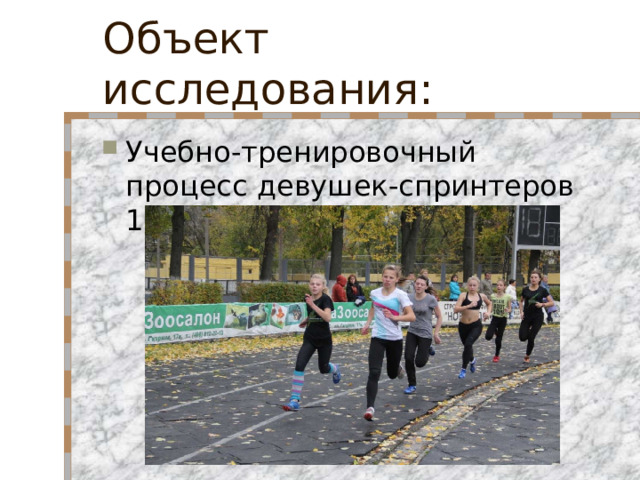 Объект исследования: Учебно-тренировочный процесс девушек-спринтеров 15-17 лет.  