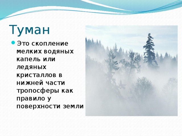 Туман Это скопление мелких водяных капель или ледяных кристаллов в нижней части тропосферы как правило у поверхности земли 