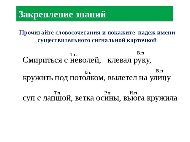  Закрепление знаний   Прочитайте словосочетания и покажите падеж имени существительного сигнальной карточкой Т.п . В.п Смириться с неволей, клевал руку, кружить под потолком, вылетел на улицу суп с лапшой, ветка осины, вьюга кружила   В.п  Т.п.  Т.п Р.п И.п 