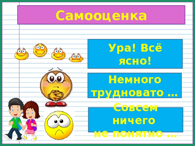 Самооценка Ура! Всё ясно! Немного трудновато … Совсем ничего не понятно … 