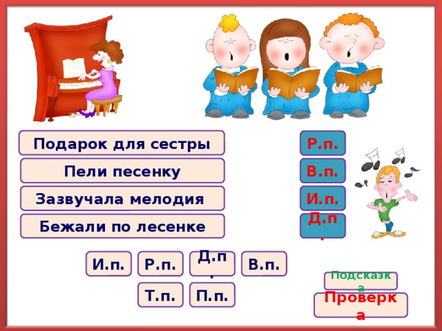 Подарок для сестры Р.п. Пели песенку В.п. И.п. Зазвучала мелодия Д.п. Бежали по лесенке Р.п. Д.п. И.п. В.п. Подсказка Т.п. П.п. Проверка 