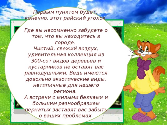 Первым пунктом будет,  конечно, этот райский уголок.  Где вы несомненно забудете о том, что вы находитесь в городе.  Чистый, свежий воздух, удивительная коллекция из 300-сот видов деревьев и кустарников не оставят вас равнодушными. Ведь имеются довольно экзотические виды, нетипичные для нашего региона.  А встречи с милыми белками и большим разнообразием пернатых заставят вас забыть о ваших проблемах. Наша воронежская область очень обширна, но мы хотели бы провести вас по местам, где сами с удовольствием отдыхаем. Отправляемся в путь! Здравствуйте, мы приглашаем вас на прогулку по удивительным местам нашей Родины и постараемся показать вам все самое интересное. 