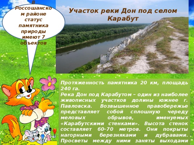 В Россошанском районе статус памятника природы имеют 7 объектов Участок реки Дон под селом Карабут Протяженность памятника 20 км, площадь 240 га. Река Дон под Карабутом – один из наиболее живописных участков долины южнее г. Павловска. Возвышенное правобережье представляет собой сплошную череду меловых обрывов, именуемых «Карабутскими стенками». Высота стенок составляет 60–70 метров. Они покрыты нагорными березняками и дубравами. Просветы между ними заняты выходами писчего мела с группировками кальцефильной растительности, насыщенной редкими и реликтовыми растениями . 