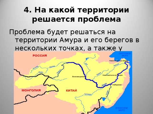 4. На какой территории решается проблема Проблема будет решаться на территории Амура и его берегов в нескольких точках, а также у притоков и истоков реки. 