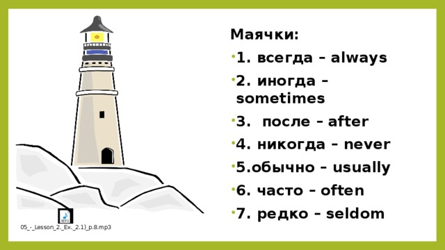 Маячки: 1. всегда – always 2. иногда – sometimes 3. после – after 4. никогда – never 5.обычно – usually 6. часто – often 7. редко – seldom  