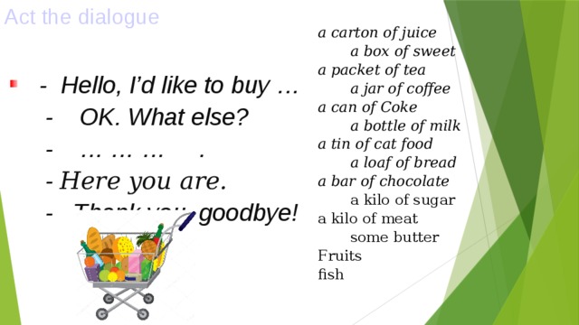 Act the dialogue a carton of juice  a box of sweet a packet of tea  a jar of coffee a can of Coke  a bottle of milk a tin of cat food  a loaf of bread a bar of chocolate   a kilo of sugar a kilo of meat  some butter Fruits fish  - Hello, I’d like to buy …  - OK. What else?  - … … … .  - Here you are.  - Thank you, goodbye! 