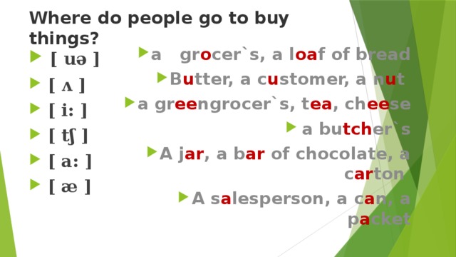Where do people go to buy things? a gr o cer`s, a l oa f of bread B u tter, a c u stomer, a n u t a gr ee ngrocer`s, t ea , ch ee se a bu tch er`s A j ar , a b ar of chocolate, a c ar ton A s a lesperson, a c a n, a p a cket   [ uə ]  [ ʌ ]   [ i: ]   [ tʃ ]   [ a: ]   [ æ ] 