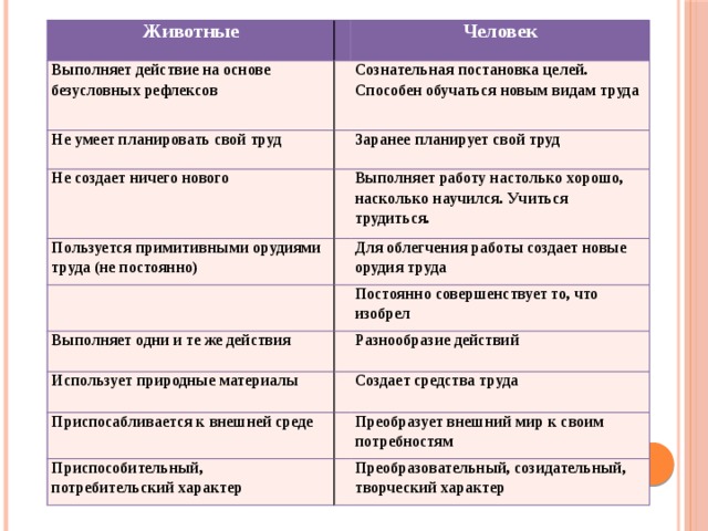 Действие выполненное человеком. Действия животных на основе безусловных рефлексов. Труд человека и животных таблица. Труд человека и труд животных таблица. Труд человека и труд животного.