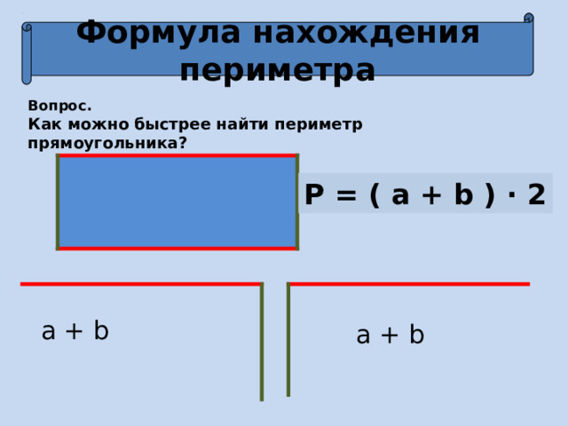 Формула нахождения периметра Вопрос. Как можно быстрее найти периметр прямоугольника? P = ( a + b ) · 2 a + b a + b 