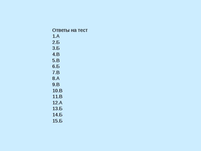 Ответы на тест 1.А 2.Б 3.Б 4.В 5.В 6.Б 7.В 8.А 9.В 10.В 11.В 12.А 13.Б 14.Б 15.Б 